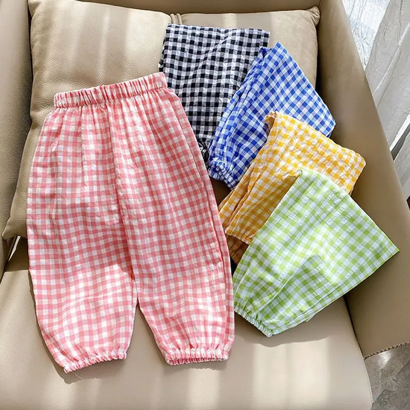 Summer Plaid Mosquito Proof Pants Outdoor Wear Baby Girls New Style Fashion Casual Loose Harlan Pants Children Thin Trousers