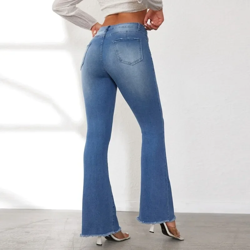 Damenmode Röhrenjeans blau hohe Taille elastische schlanke Schlag hosen Reiß verschluss tasche y2k elastische Jeans tägliche Pendler bekleidung