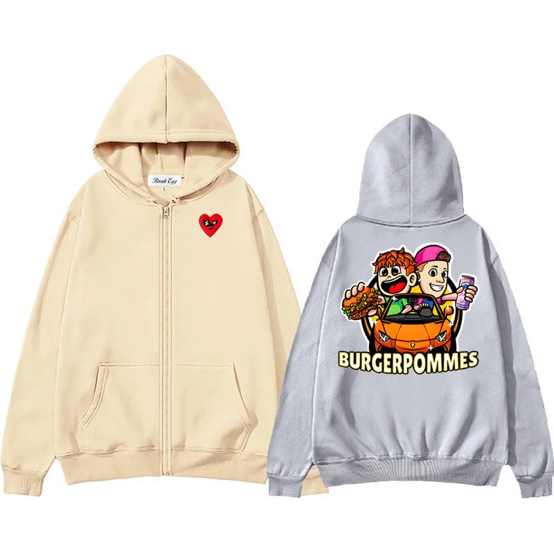 

Burgerpommes Icrimax Graphic Printing Men Women Zipper Hoodie Polyester Red Glasses Heart Embroidery Pocket Loose Thin Sweater