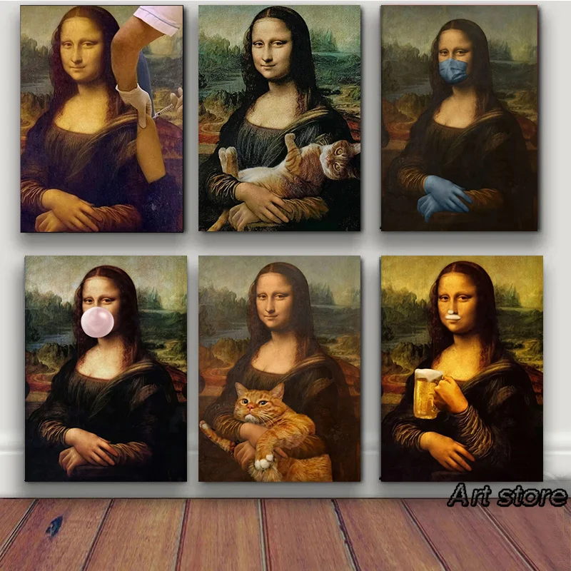（2D canvas painting）Nordic Funny Mona Lisa with Cat Bubble Poster Prints Canvas Paintings Bar Hotel Decorative Painting Mural