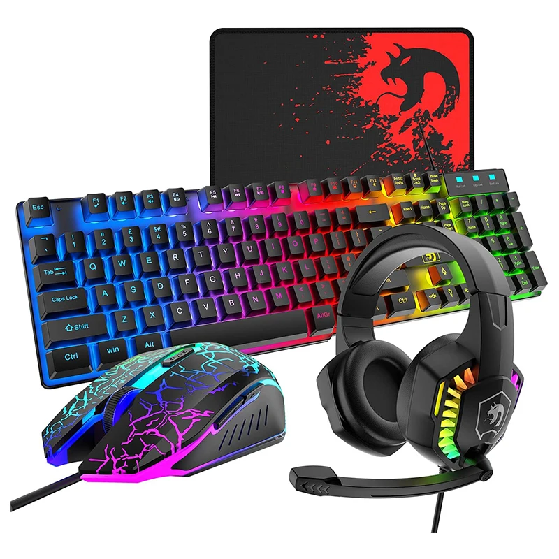 

ATTACK SHARK 4 in 1 Wired Gaming Keyboard and Mouse Headset Mouse Pad Combo Rainbow Backlit for PC, Notebook, Mac, PS4, Xbox