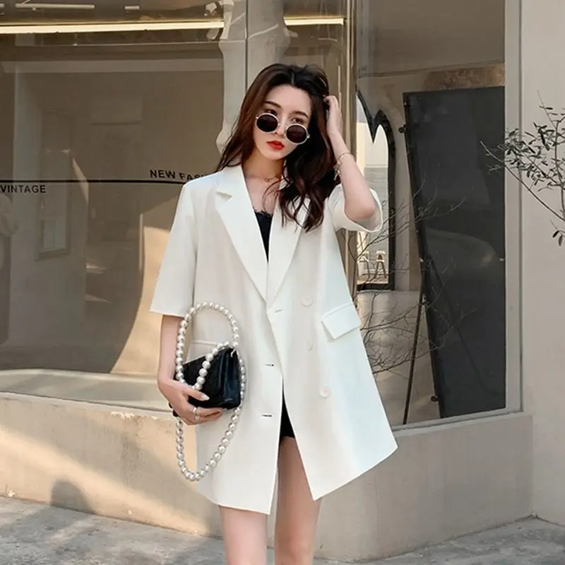 Green Extra Large Size Medium And Long Short-Sleeved Blazer Women's Summer Loose And Thin Casual Small Suit Top Solid Color
