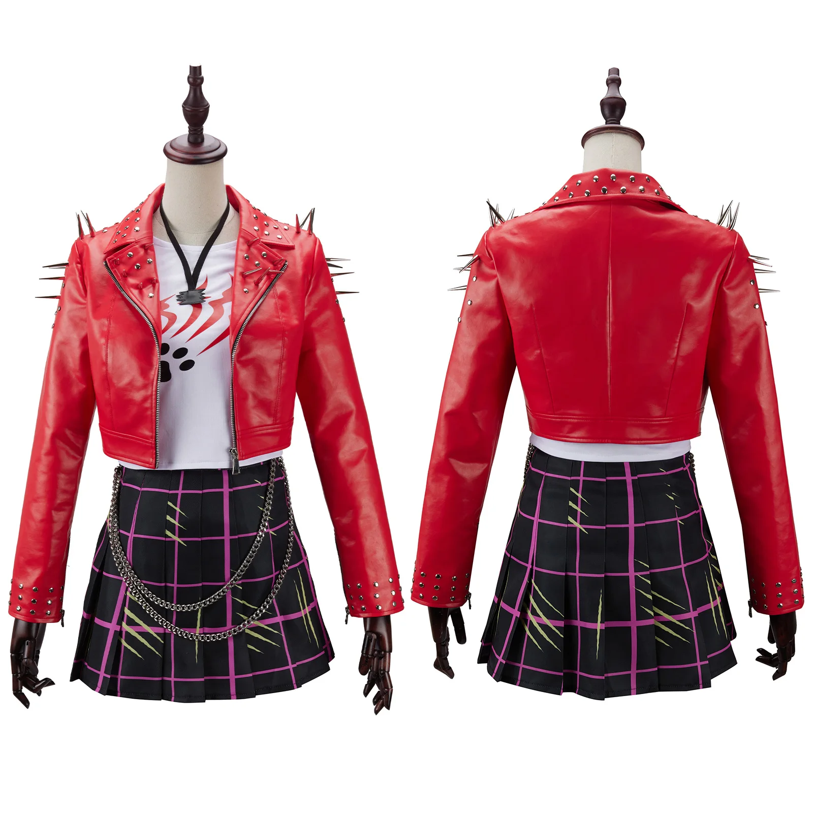 

Anime Cat Cosplay Costume Wolf Girl Red Punk Rivet Leather Jacket Uniform Set Halloween Carnival Song Dance Performance Dress