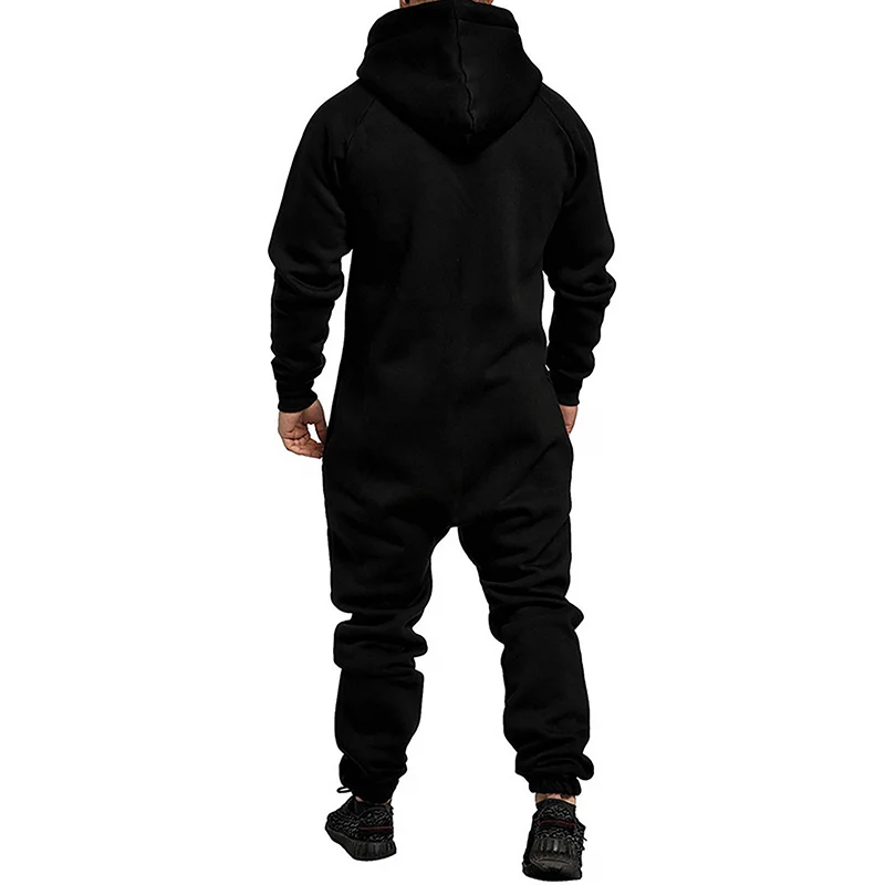 Men's Hooded Fleece Lining Jumpsuit Autumn Winter Warm Long Sleeve Full Zipper Overalls with Kangaroo Pockets Night Clothes