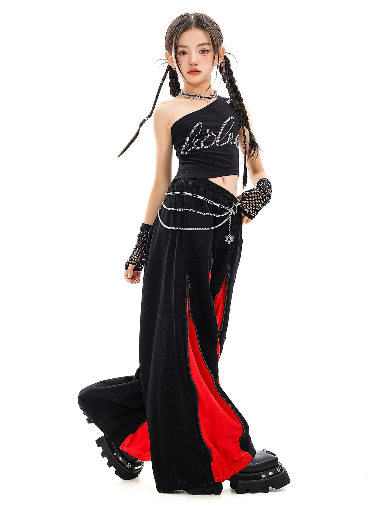 Dziecięcy strój hip-hopowy dla dziewczynek na rok 2025, bluzki z odkrytym pępkiem, luźne spodnie, czarny strój do występów, ubrania do tańca jazzowego Kpop, strój sceniczny Y2K BL16527