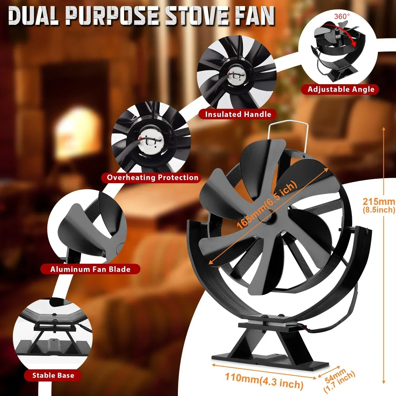 6-flügeliger Ofenventilator, Kamin, wärmebetrieben, Holzscheite 360 °   Rotierender Holzbrenner, Ecofan, leiser Ventilator, für Zuhause, Winter, warme Wärmeverteilung