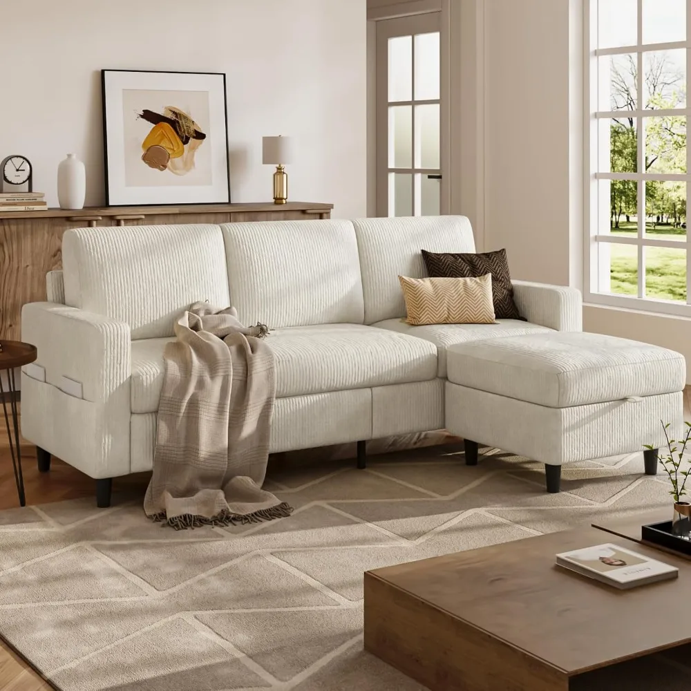 

Couches for Living Room, L Shaped Couch with Storage Ottoman, Small Sofa Corduroy Couch with Side Pockets