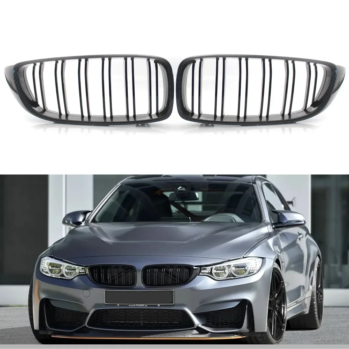 

for 2013-2018 BMW 4 Series F32 F33 F36 F80 F82 1 Pair Carbon Fiber Look Car Front Kidney Slats M4 Style Grille OE: 51137294813