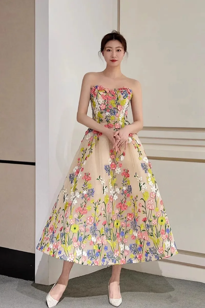 Sweet Fairy Flowers abiti da sera Sexy senza spalline Tea-length Prom Dress New Elegant A Line Robe Soiree Longue Plus Size