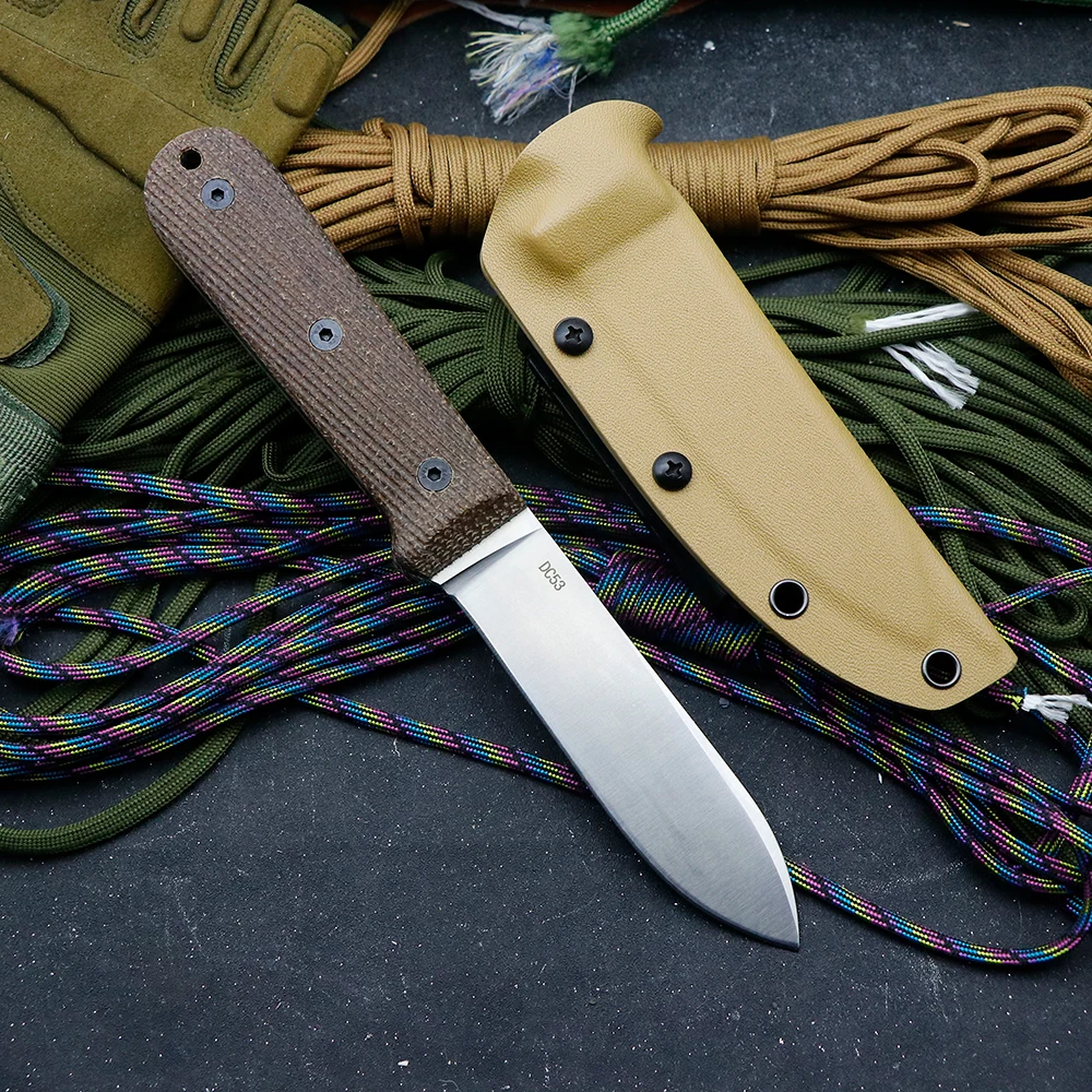 Cuchillo fijo con mango de lino y acero DC53, cuchillo recto para caza en la jungla al aire libre, herramienta de bolsillo portátil para supervivencia y acampada