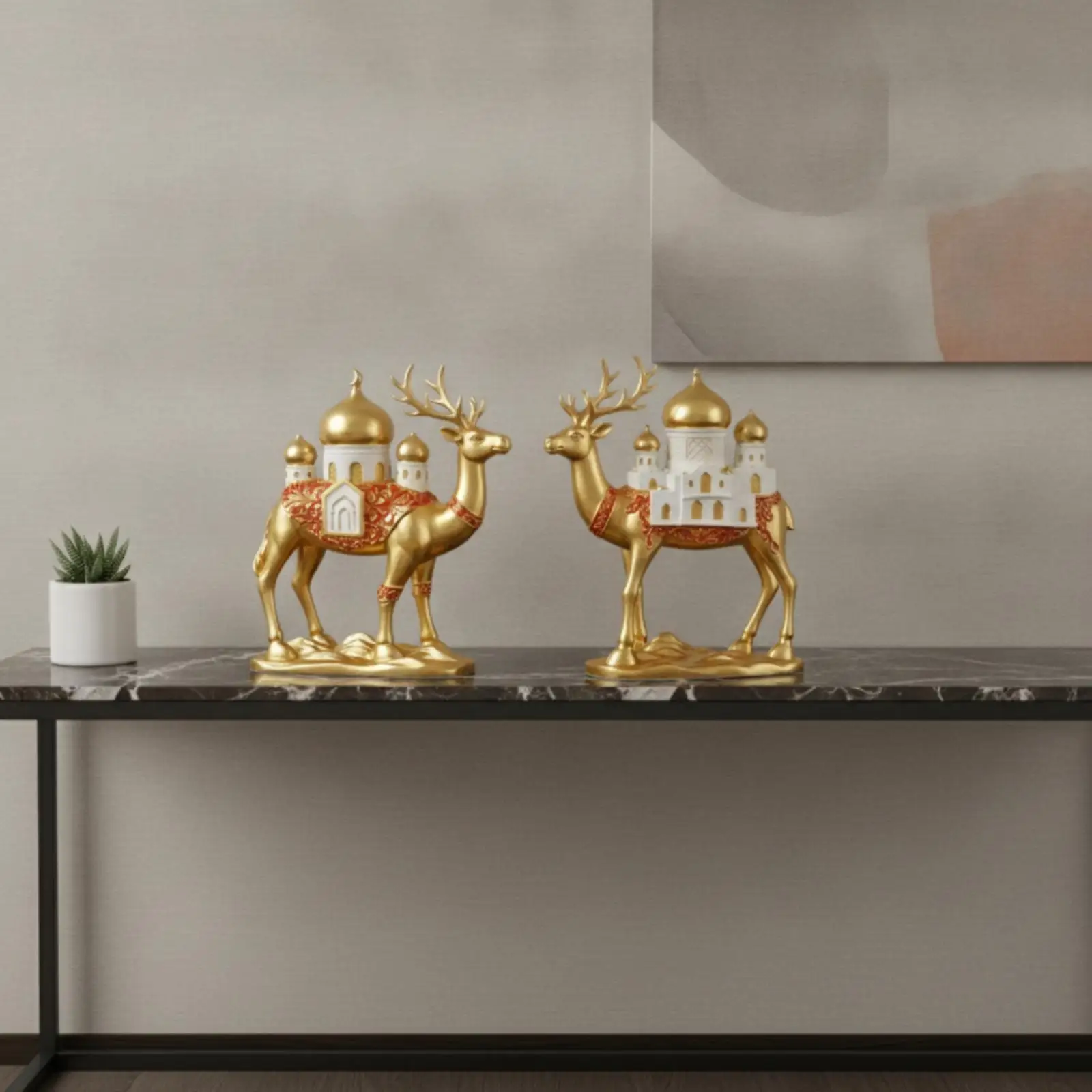 Deer Figurine with Castle Tabletop Deer Figurine Resin for Entryway