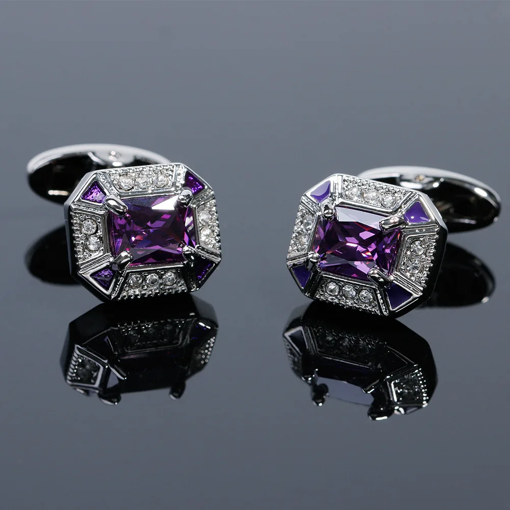 Fashion Men's Cufflinks Light Luxury Set with Amethyst Crystal Shirt Sleeve Button Studs Wedding Business Party Clothing Jewelry