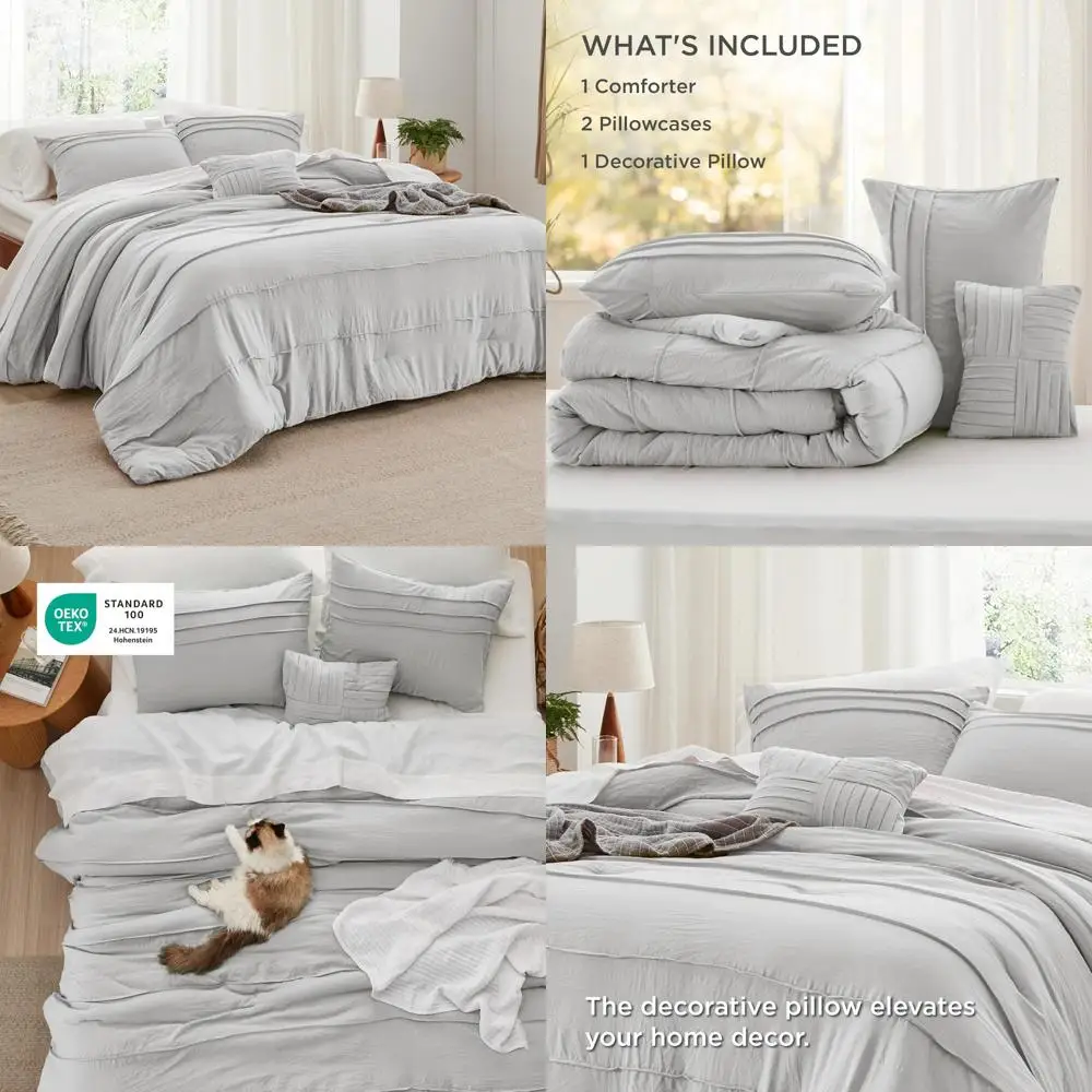 

California King Size Pinch Pleat Comforter Set - 4 Piece Light Grey Bohemian Style Bedding for Year-Round Use