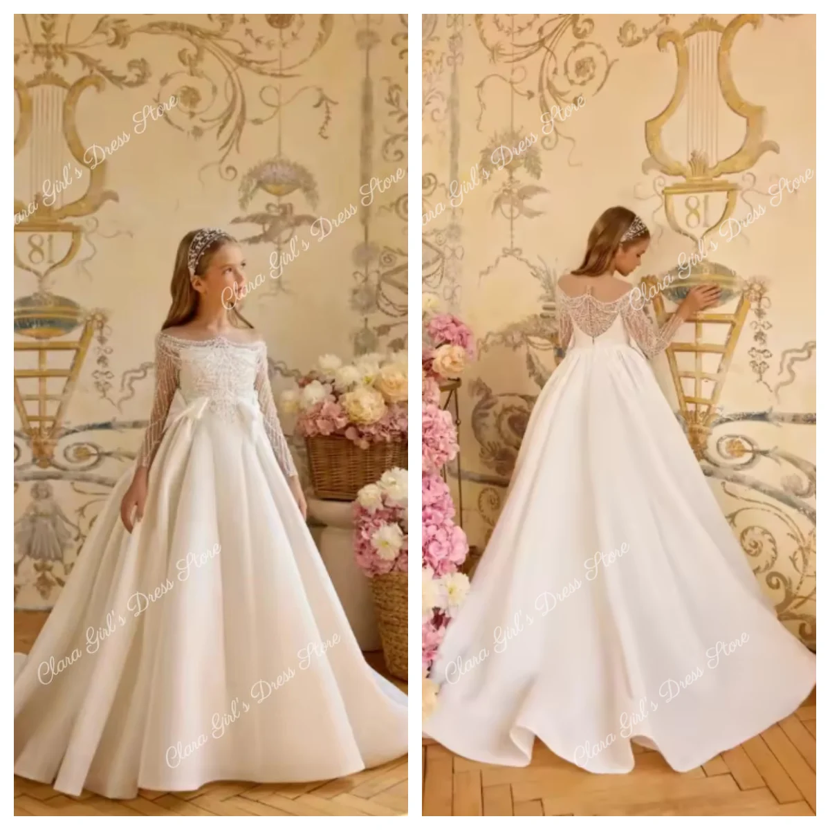 فساتين فتاة الزهور البيضاء لحفلات الزفاف مطرز مع الأقواس الكرة ثوب الطابق طول طفلة عيد ميلاد الكرة أثواب مخصصة