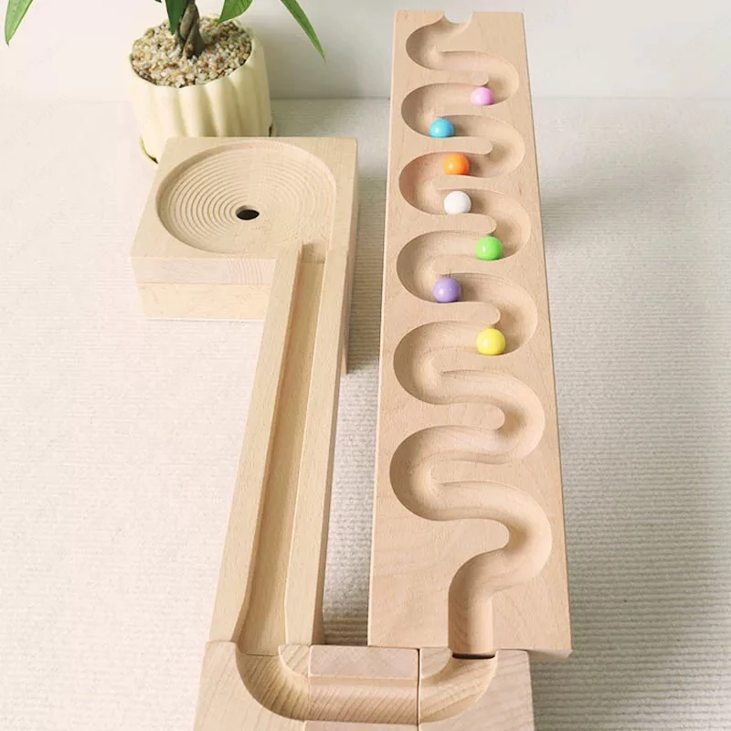 Children‘s Early Education Wooden Toy - Beech Solid Wood Sliding Ball Raceway, Building Block Marble Track for Logic Training