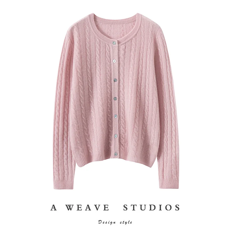 Sweter damski ze 100% kaszmiru, dekolt okrągły, wzór w warkocze, kardigan z dzianiny, prosty styl, wiosna, jesień, zima, miękka odzież dzianinowa z kaszmiru, miękkie topy.