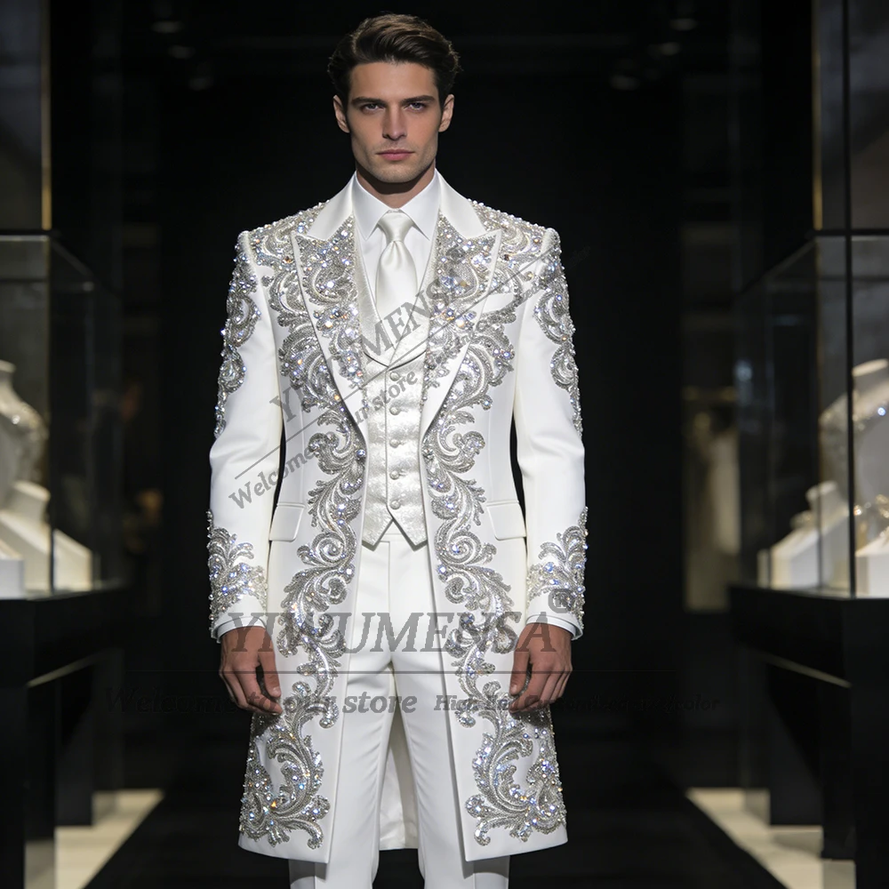 

Brilliant Rhinestones Beads Suit Men Double Breasted Groom Prom Blazer Customized 3 Piece Set Banquet Crystals Man Weding Tuxedo