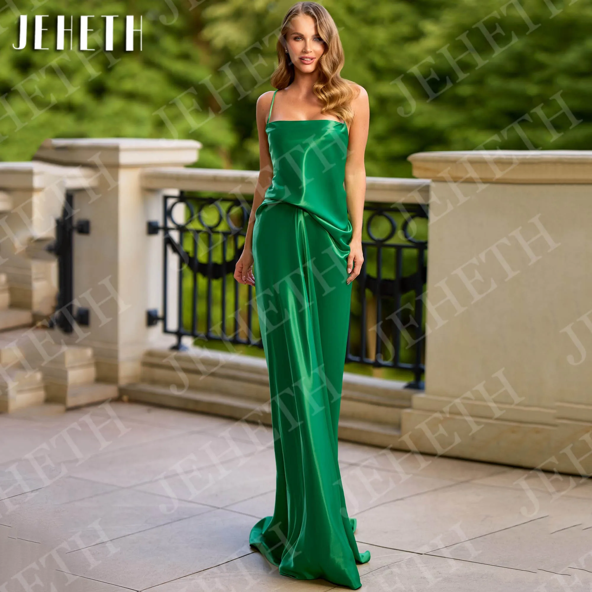 

JEHETH Mermaid Evening Dresses Sleeveless Backless Customized Woman Satin Spaghetti Straps Wedding Guest Dress vestidos de gala