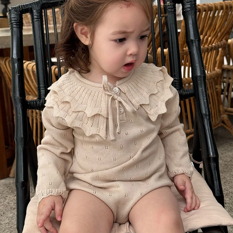ملابس خريف جديدة لعام 2025 0-24 متر ملابس محبوكة لحديثي الولادة للفتيات بأكمام طويلة بلون سادة بدلة قفز محبوكة للفتيات الرضع