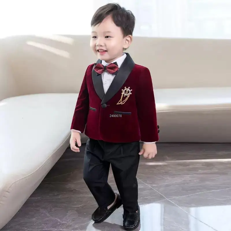 Kids 1 Year Birthday Dress Baby Boys Velvet Blazer Jacket Pants Photograph Suit Children Formal Wedding Performance Evening Wear