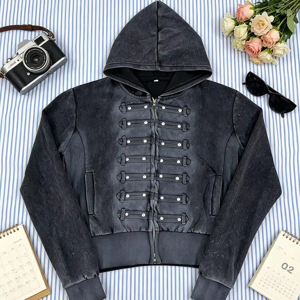Autumn and winter new vintage Y2K front placket multi-rivet decorative zipper-style cardigan