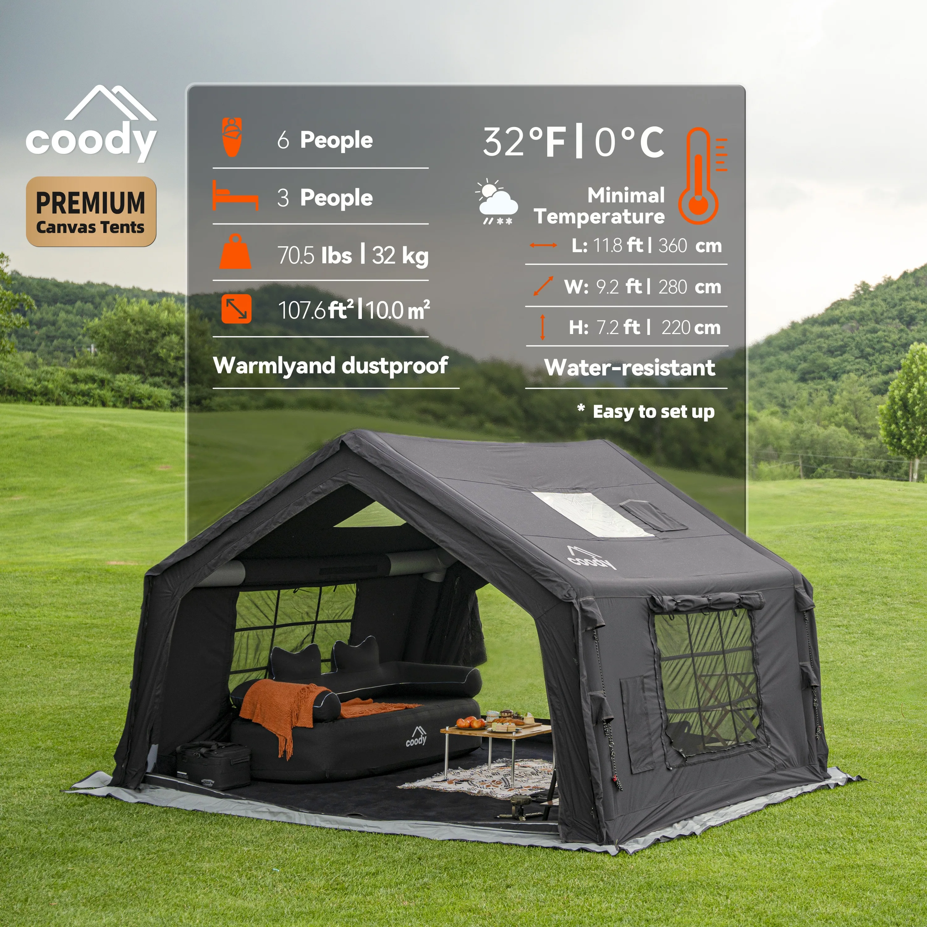 

Надувная палатка Coody 10.0 Air Tent-Black: комфортная, для 3-6 человек, летняя, семейная, большая, для кемпинга на природе