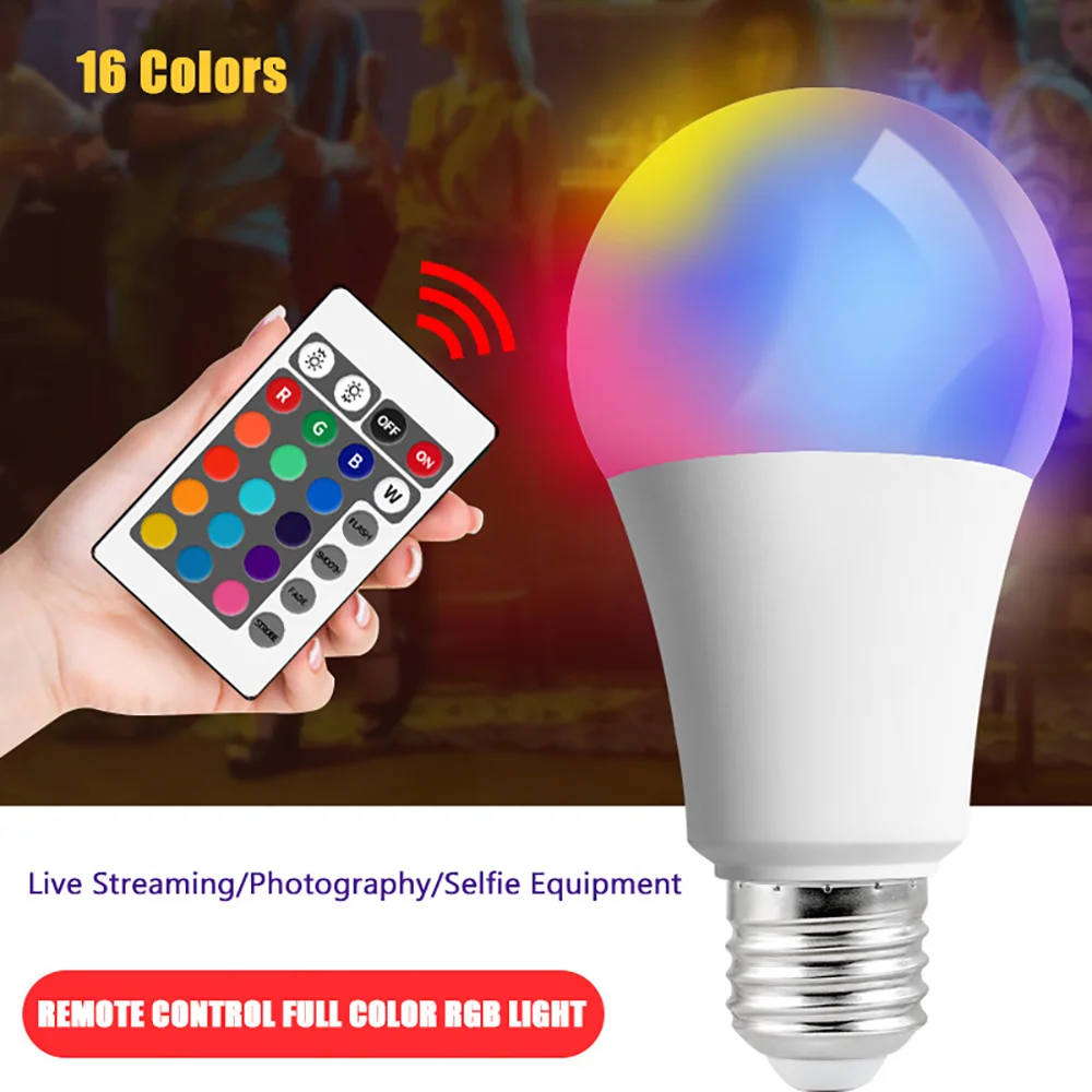 16 Colors RGB Bulb LED Multicolor Bulb E27 220V Household Lighting Dimmable 24 Key Remote Control Smart Lamp Atmosphere Light