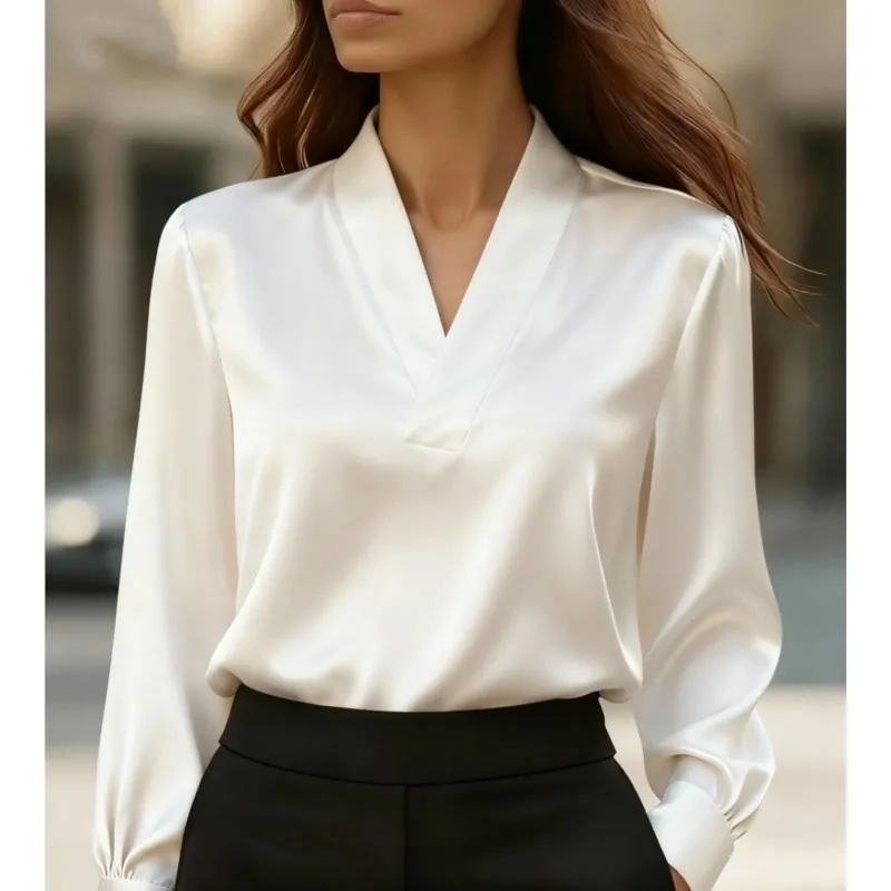 Otoño mujer Color sólido camisas y blusas de satén primavera nuevo cuello en V manga larga suelta ajuste Oficina Casual elegante Top de trabajo