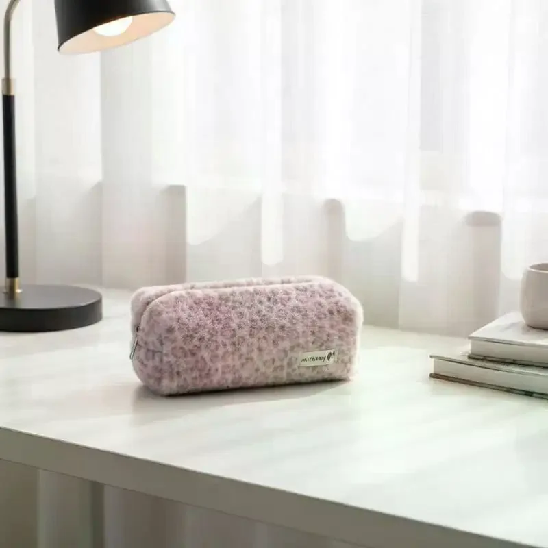 Leopard Print Pencil Case Fuzzy Plush Large Capacity Aesthetic Stationery Holder for Teen Girls School Supplies〔88〕