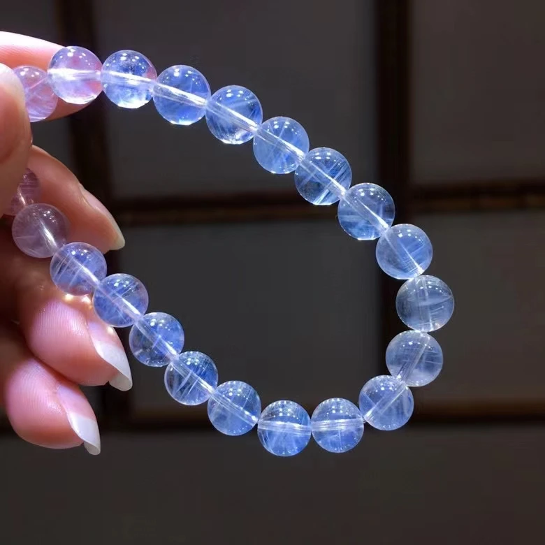 Natural Blue Feather Needle Rutilated Quartz Crystal Bracelet 8.7mm Angel Clear Round Beads Pyramid Women Men Stretch AAAAAA