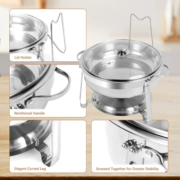 6 Packs Round Chafing Dish Buffet Set, 4 QT Stainless Steel Chafing Dishes with Glass Lid & Lid Holder, Catering Food