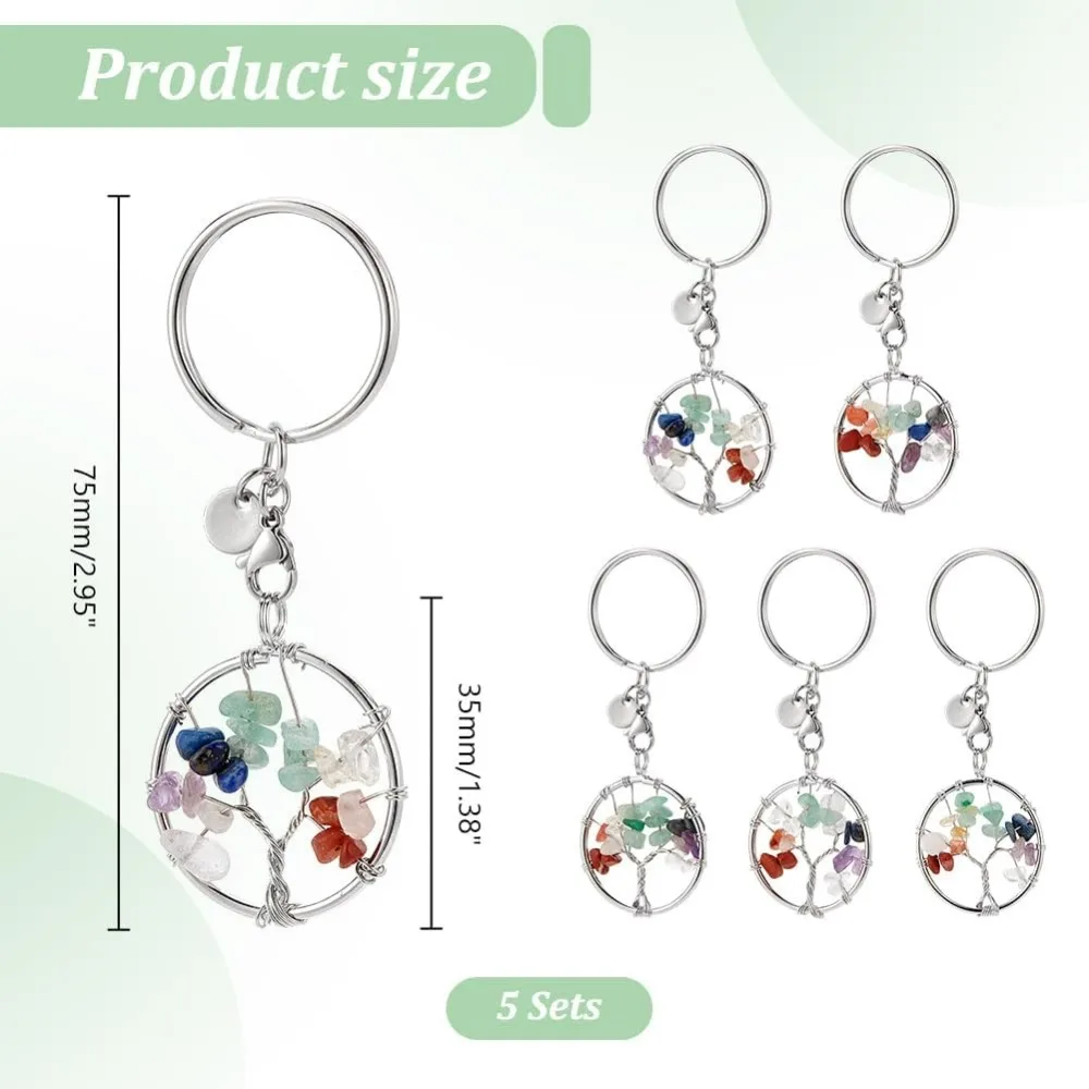 5pcs Tree of Life Keychain, Natural Crystal Stone Key Chains Gemstone Key Chain Charm DIY Keychain Charm Pendant with 1 Inch