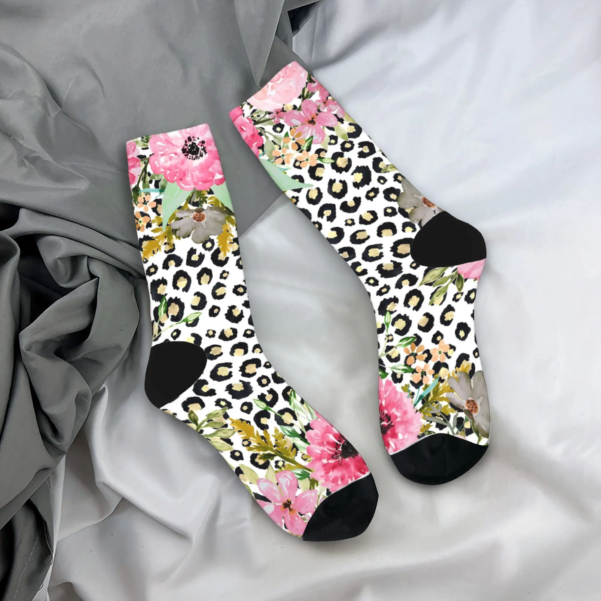 

Elegant Leopard Print And Floral Design Socks Modern Stockings Women Men Warm Soft Cycling Socks Autumn Pattern Anti Skid Socks