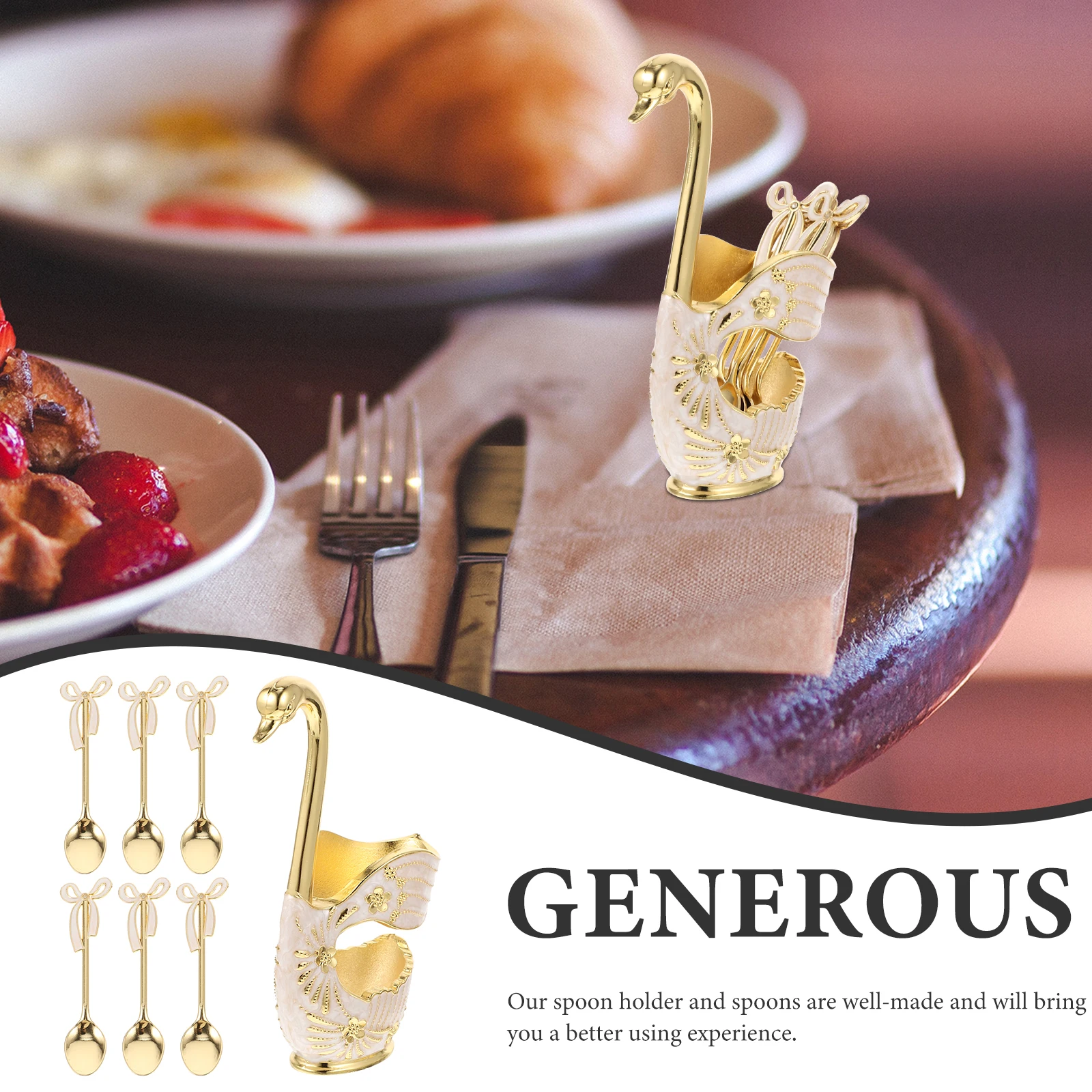

Golden Painted Oil Spoon Set Coffee Display Spoons Holder Swan Decorative Serving Alloy Base Tableware with Storage Fork