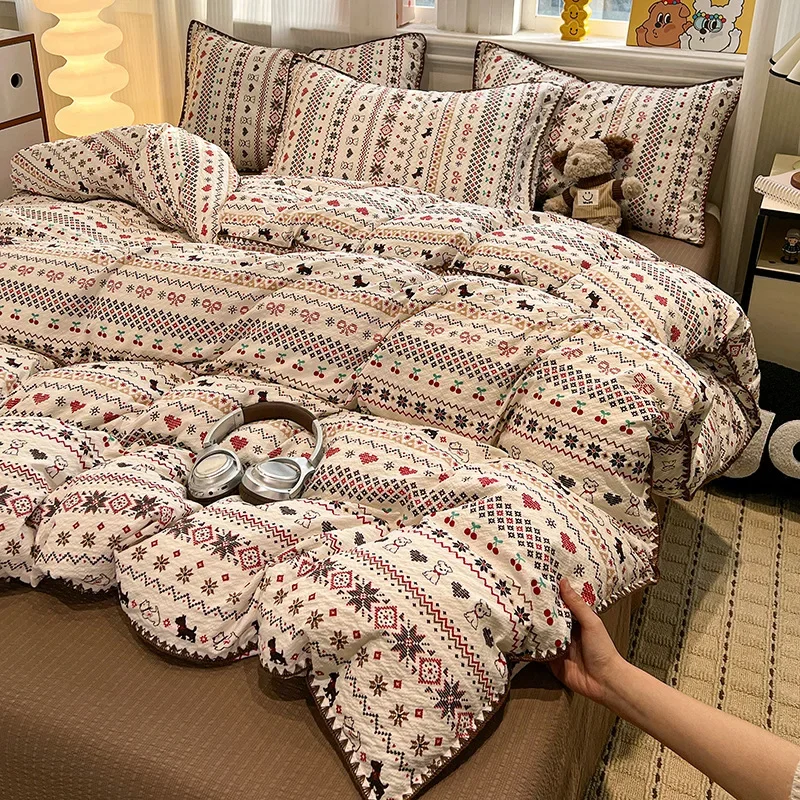 Cartoon 100% Cotton Shell Edge Bedding Set High Quality Cozy Bedsheet Kit with Pillowcase Breathable Home Decor for Four Seasons