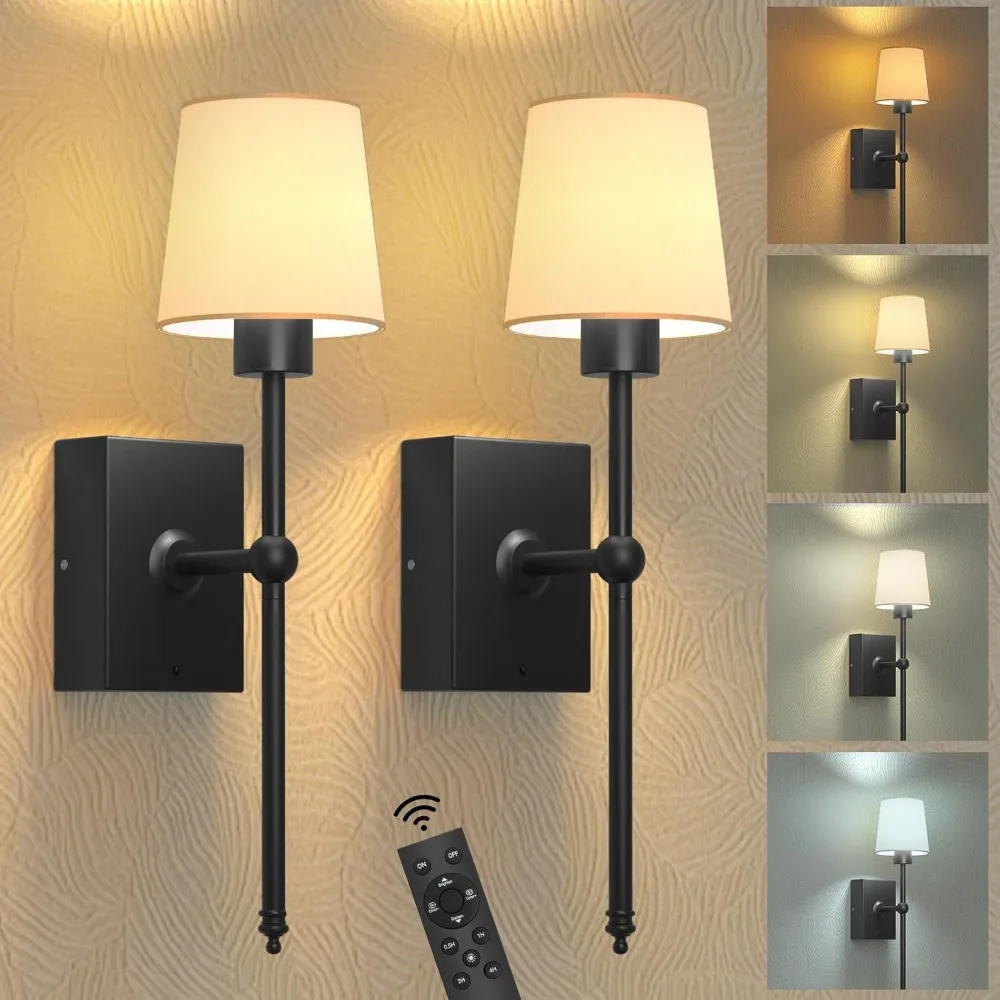 Battery-Powered Modern Wall Lamp Set of 2,Black 6000mAh Dimmable LED Lamp with Remote Control,Suitable for Living Room Bedroom