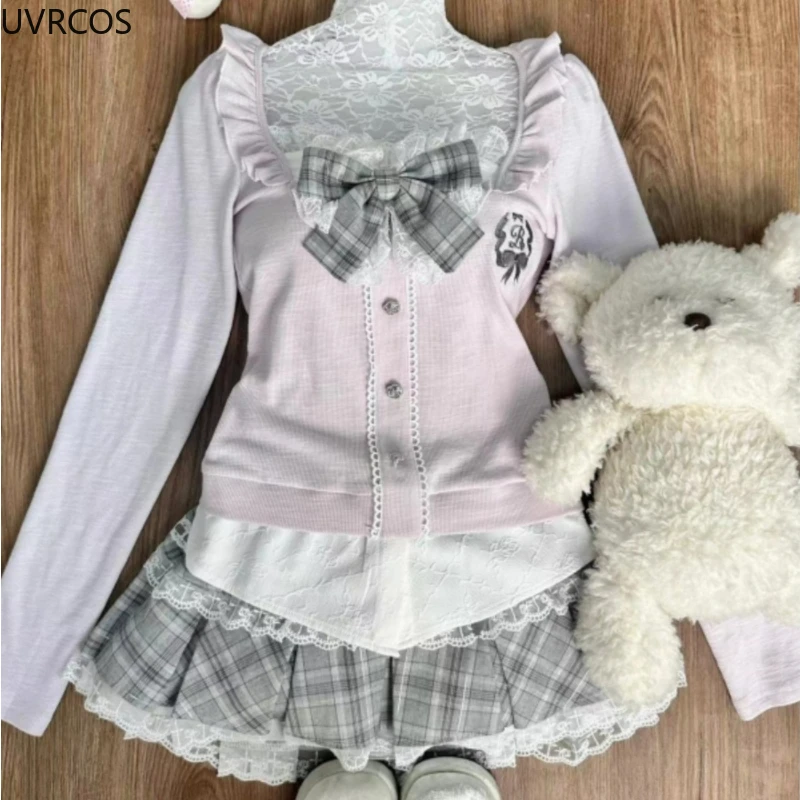 2024 Japan Kawaii Lolita 2 Piece Set Women Bow Slim Cardigan Gothic Cute A-line Plaid Mini Skirt Suit Preppy Style Sweet Uniform