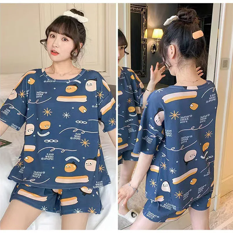 Two Sets Of Pajamas Women\'s Summer Short-Sleeved Shorts Large Size Thin Section Cute Comfortable Loose  Worn Outside Homewear