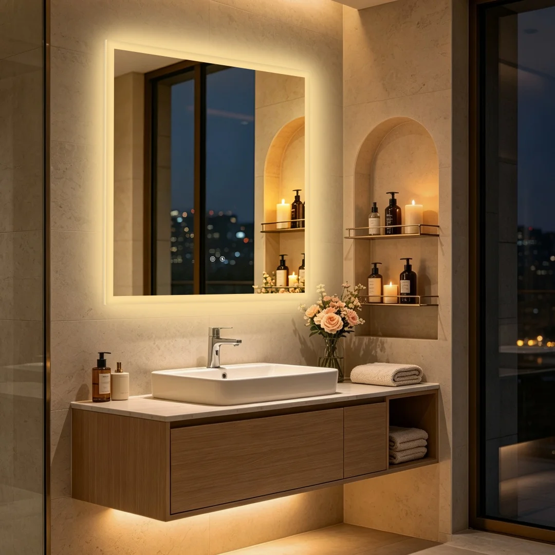 Square LED Bathroom Mirror 32x32/36x36 Inch Backlit Lighted Vanity Mirror Smart Memory Tempered Glass Wall Mirror