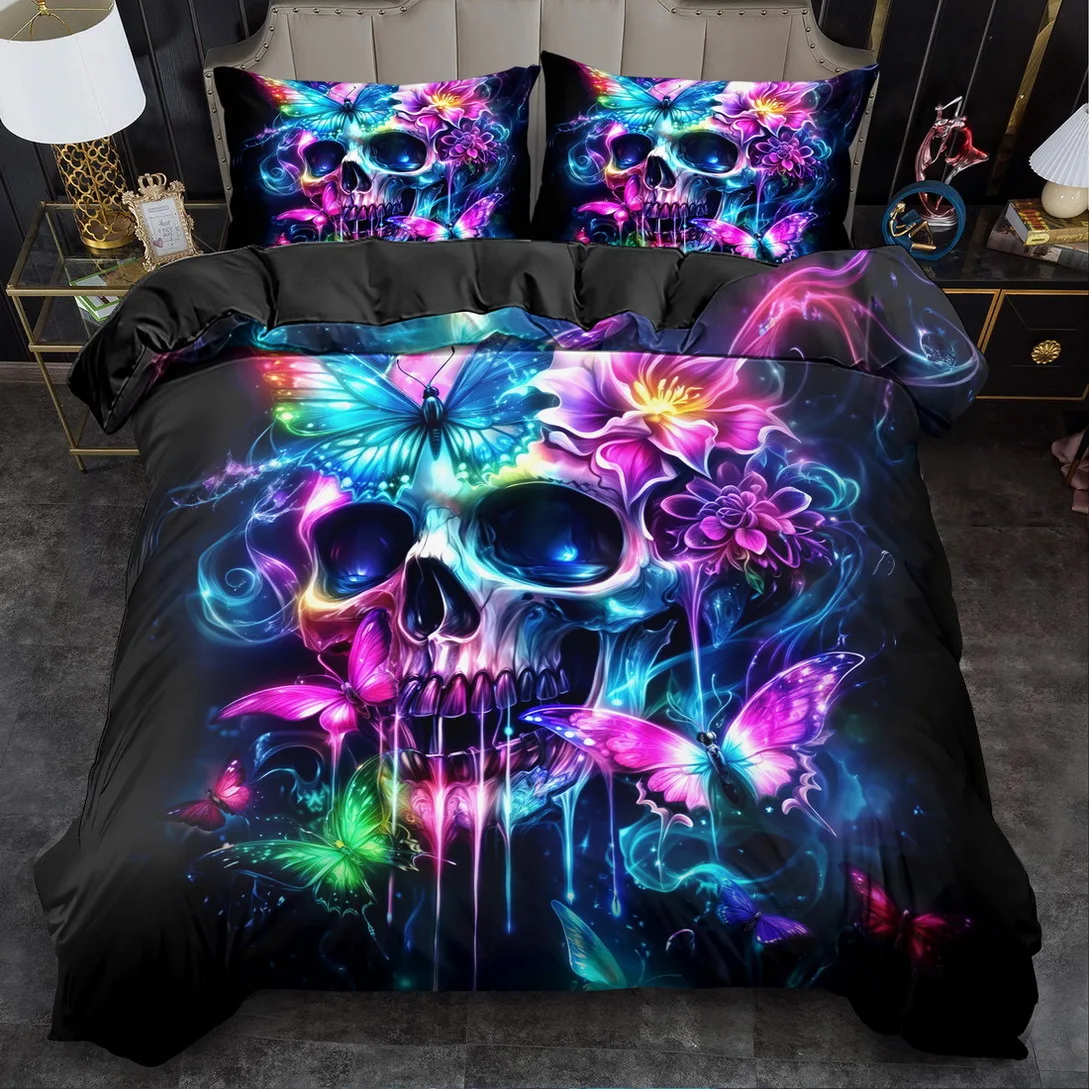 Fantasy Gothic Skull Print Duvet Cover Set King Queen Size Machine Washable Quilt Bedding Decoration for Bedroom
