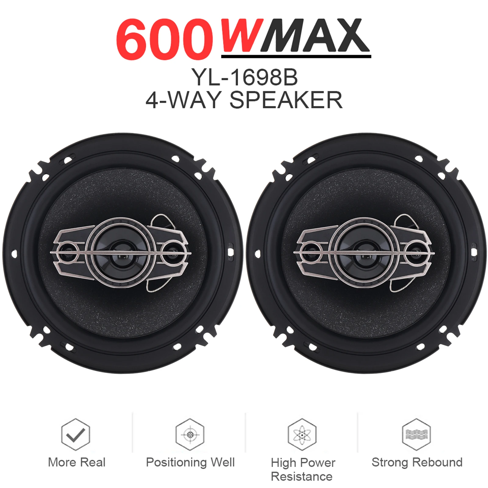 One Pair 6 Inch Car Stereo Door Speakers 600 Watts Max, 4 Way, Full Range Audio, Tweeters, Coaxial Speakers