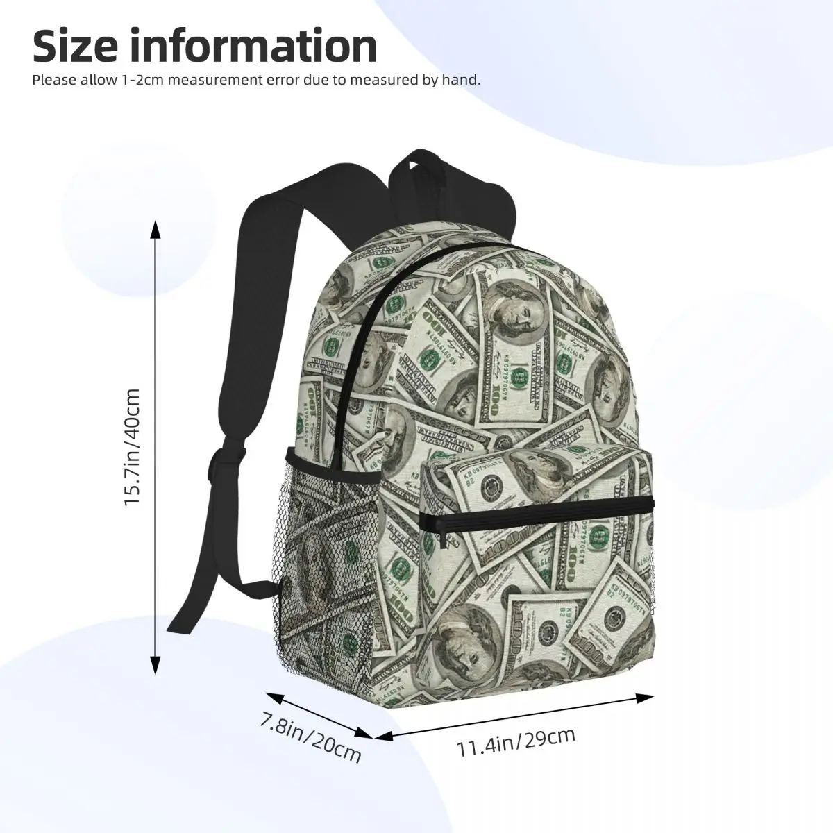 Giant Money Background 100 Dollar Bills Manga Student Backpack School Bag Hiking Travel Daypack Men Women Bookbag Shoulder Bags