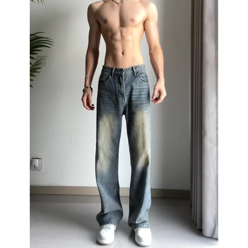 Retro Blue High Waist Knife  Men's Jeans Summer Thin Washed Trendy American Vibe Flared Straight Leg Jeans for Teens