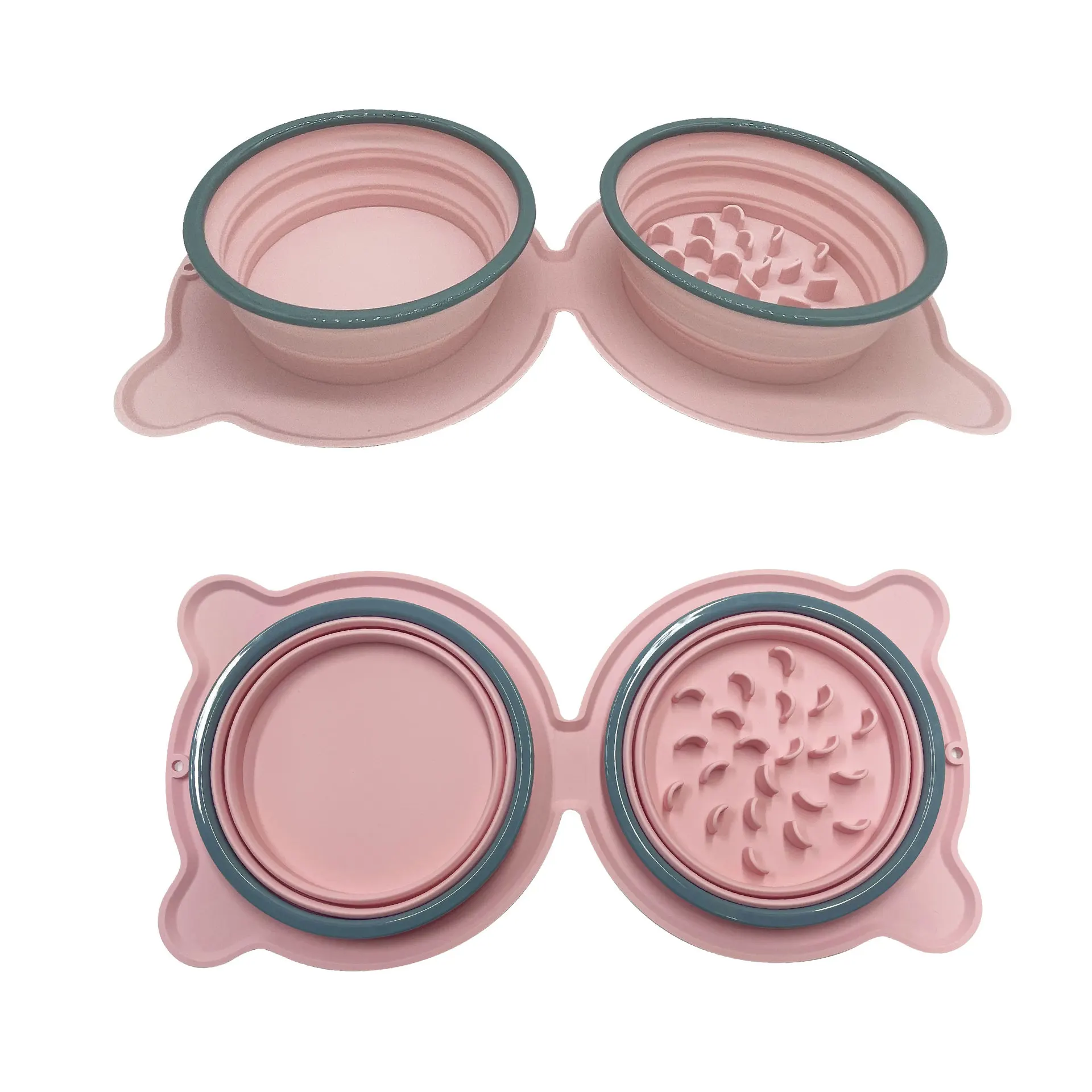 Pet Silicone Folding Bowl Dog Walking Portable Travel Double Bowl Anti Choking Slow Food Telescopic Dog Bowl Pet Cat Supplies