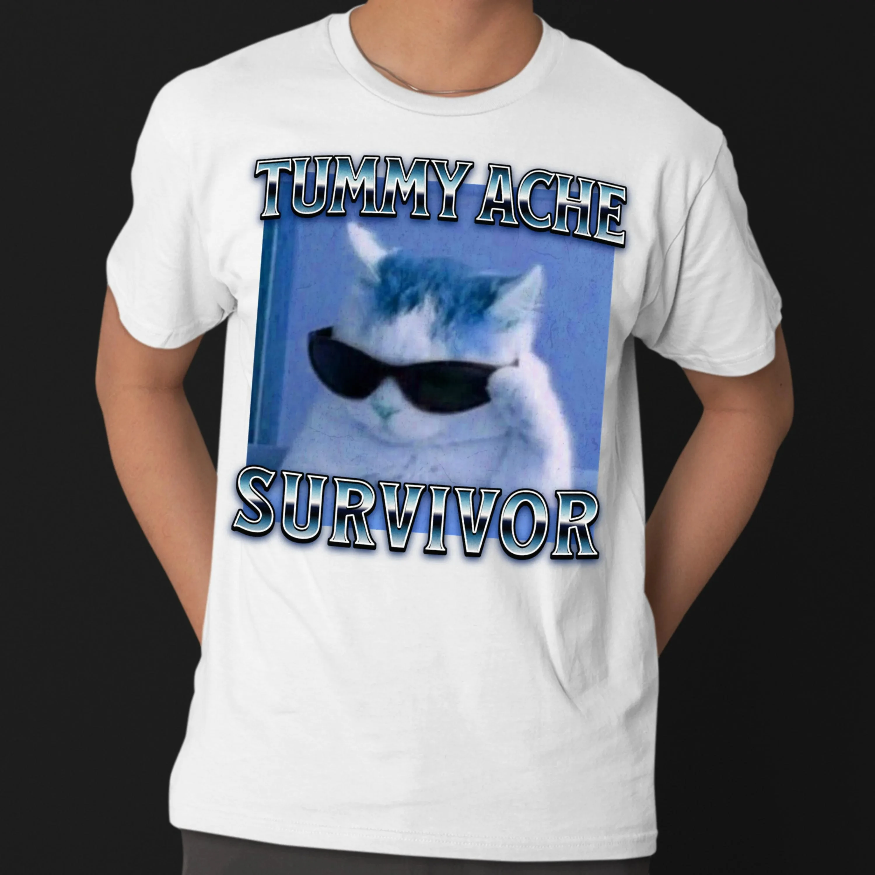 Tummy Ache Survivor Funny Cat Meme T-shirt Gift for Men and Woman Goofy Ahh Cats Tee Shirt Trendy Summer Clothes Ironic T-shirt