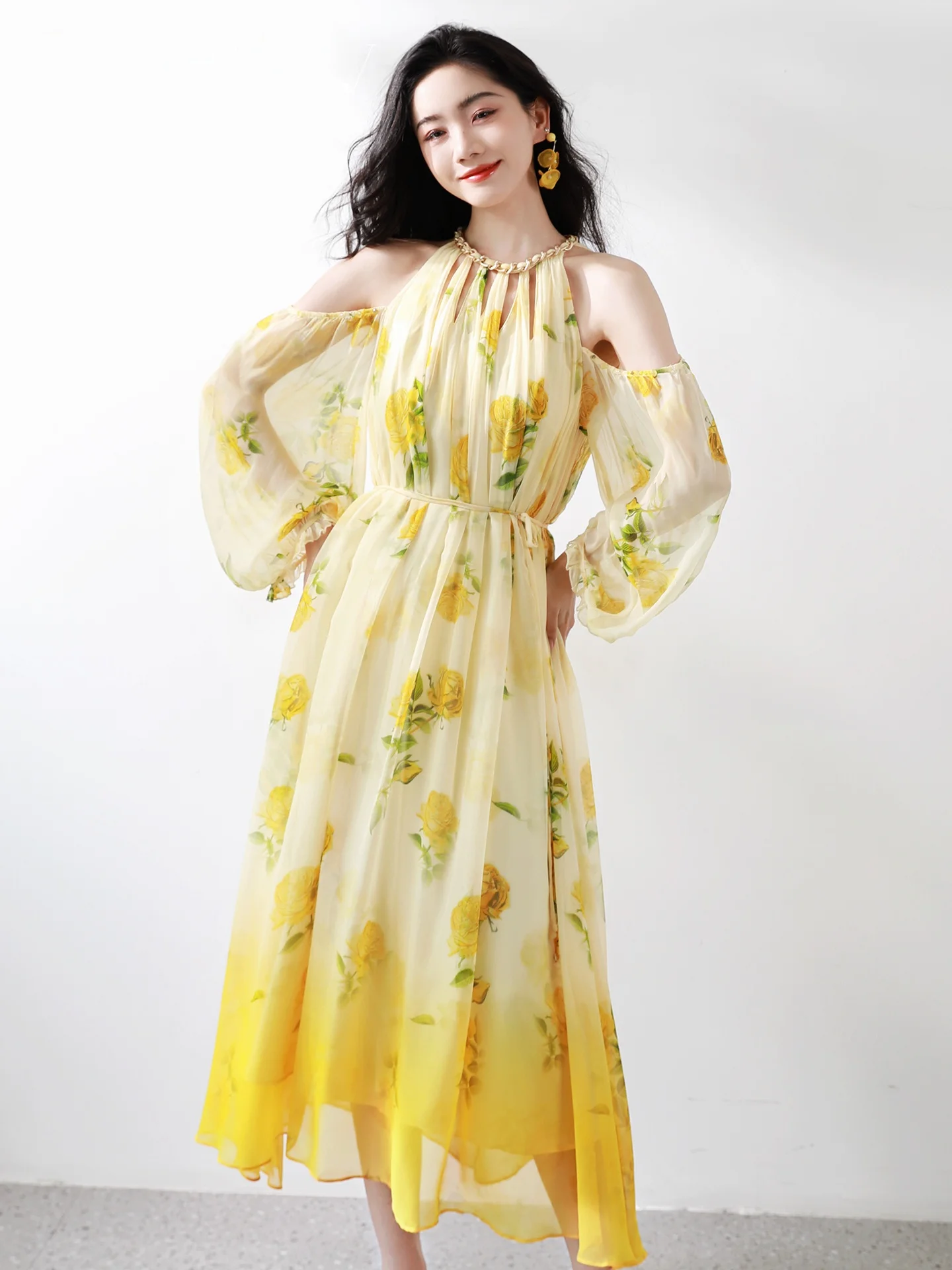 

Длинное шелковое платье Beach Vaion с оulder Baring Neline, женское элитное желтое шелковое платье, лето 2022, новинка Sle