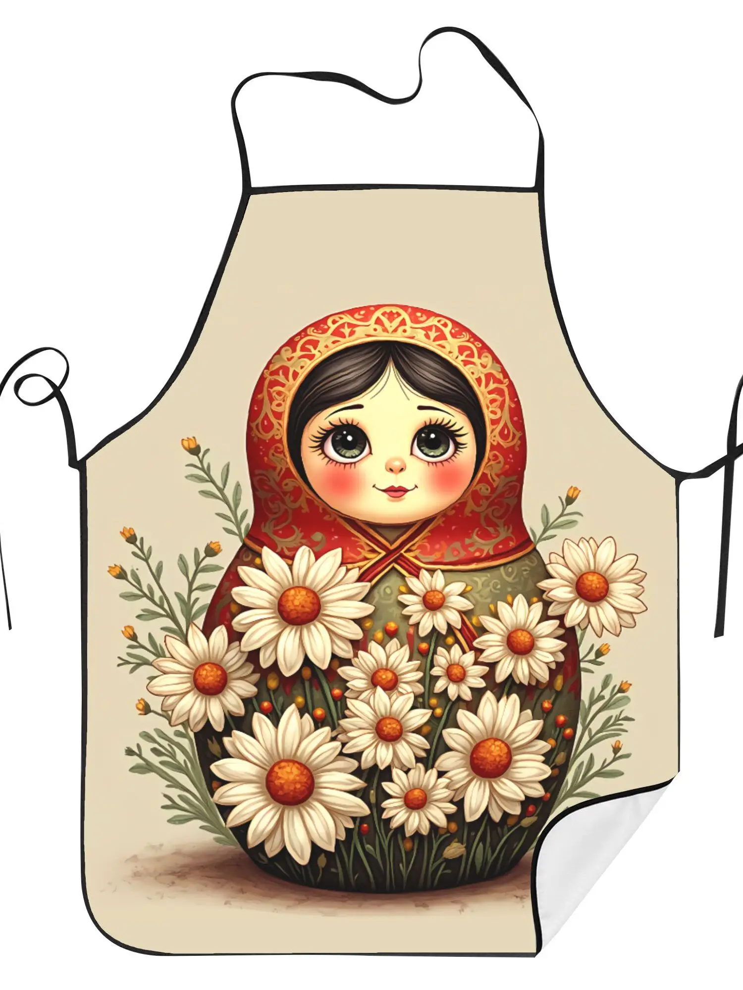 

Russian Matryoshka Doll Apron Daisy Flower Kitchen Cooking Baking Gift For Women Folk Art Chef Wear Traditional Design