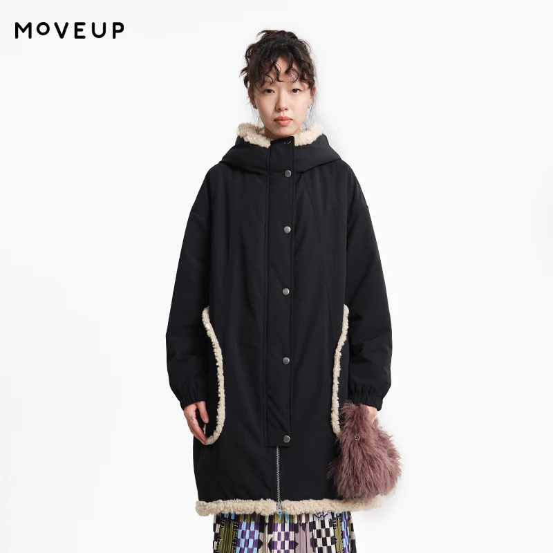 MOVEUP stand up collar hooded plush jacket winter Solid pocket drop sleeves minimalist Warm design Outerwear for women 3EWD20935