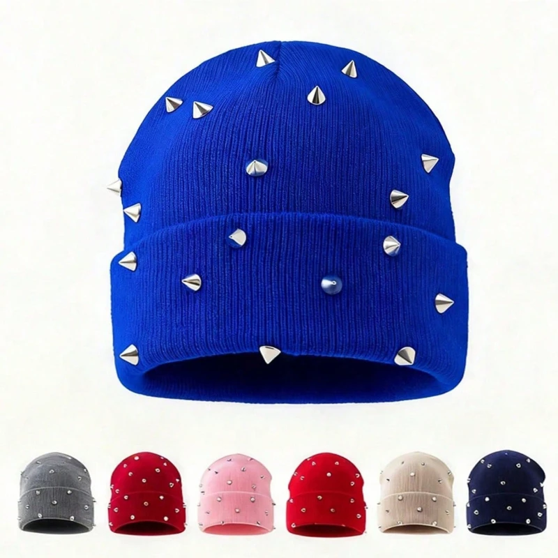 Punk Rivet Spike Knit Beanie Hat Unisex Gothic Cuffed Skull Cap Warm Winter Knitted Hat Hip Hop Streetwear Cool Casual Beanies