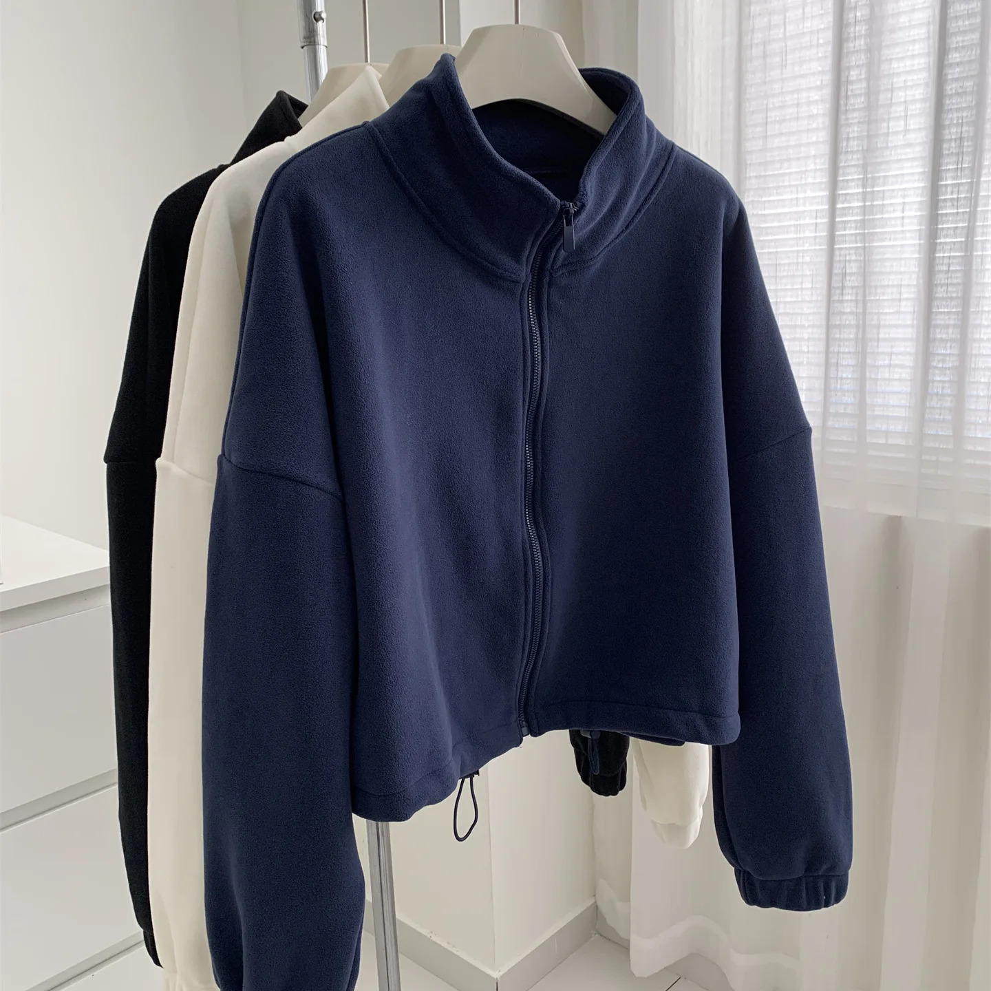 

Осень-зима, утепленная флисовая толстовка, куртка, женская простая корейская версия, воротник-стойка, молния, открытый кардиган